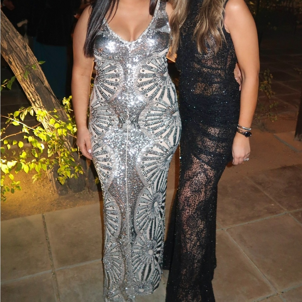 Elegant Silver Sequin Evening Gown